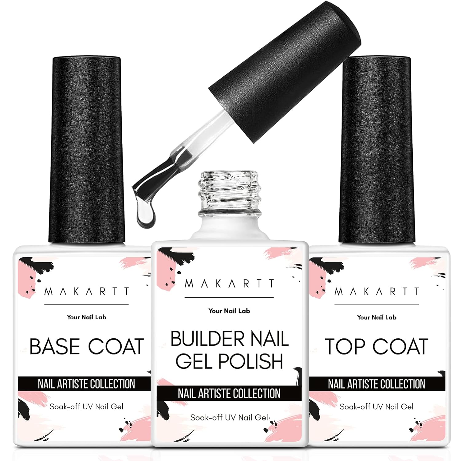 Makartt 3Pcs Builder Nail Gel with Top and Base Coat, Clear Gel Builder Kit for Nails Apex Building Thickening Strengthener Extension Rhinestone in a Bottle, UV Light Lamp Required