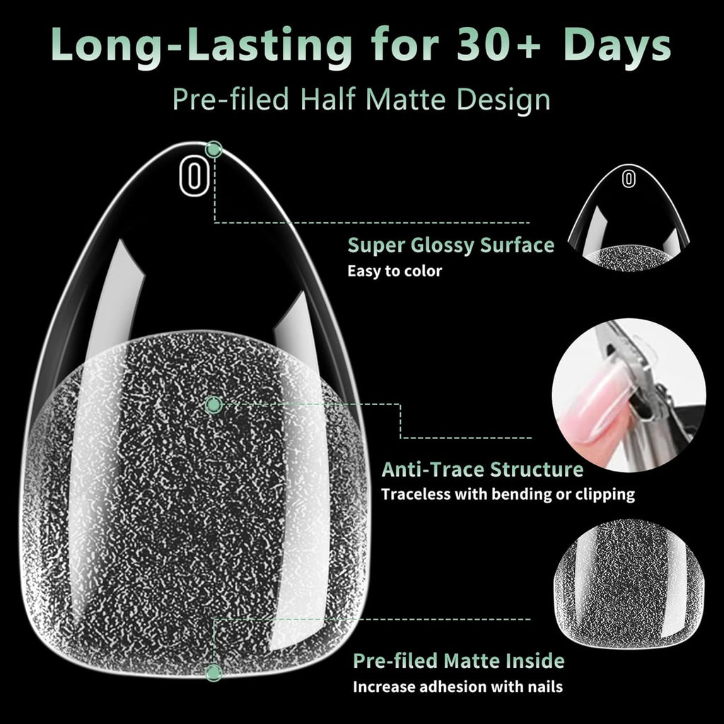 Short Almond Nail Tips, 216pcs Soft Acrylic Fake Nails Gel Nail Tips, Full Cover Pre-Shaped Matte Clear Press on Nails for Extension, Diy at Home Manicure 12 Sizes