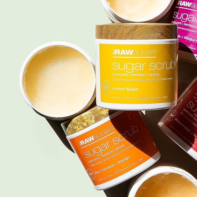Raw Sugar - Exfoliating Sugar Scrub Body Love Bundle - Raw Coconut + Mango and Lemon Sugar, Clean, Made with Plant-Derived Ingredients, Vegan and Formulated without Sulfates & Parabens (Pack of 2)