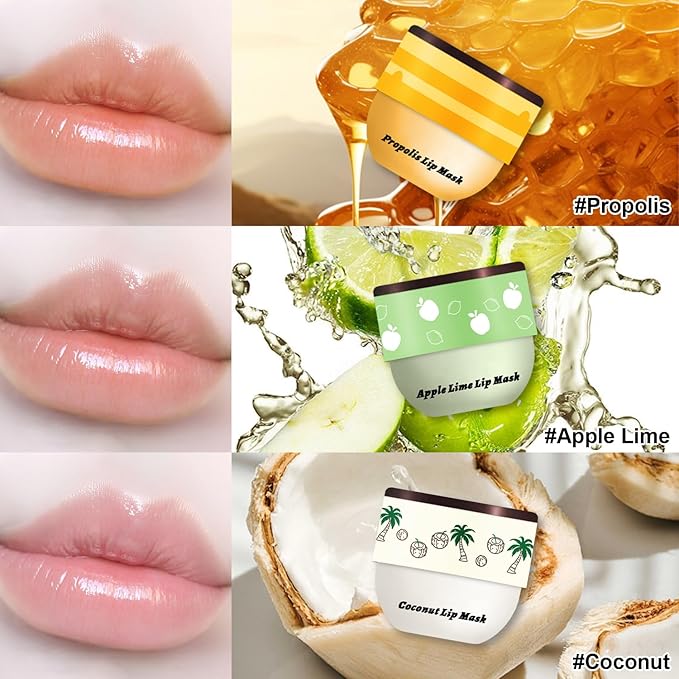 6 PCS Bee Lip Balm Honey Pot, Propolis Lip Mask Overnight, Moisturizing Hydrating Lip Sleeping Mask Prevention Dry and Cracked, Reduce Lip Lines (Strawberry&Watermelon&Honey&Cherry&Coconut&Apple Lime)