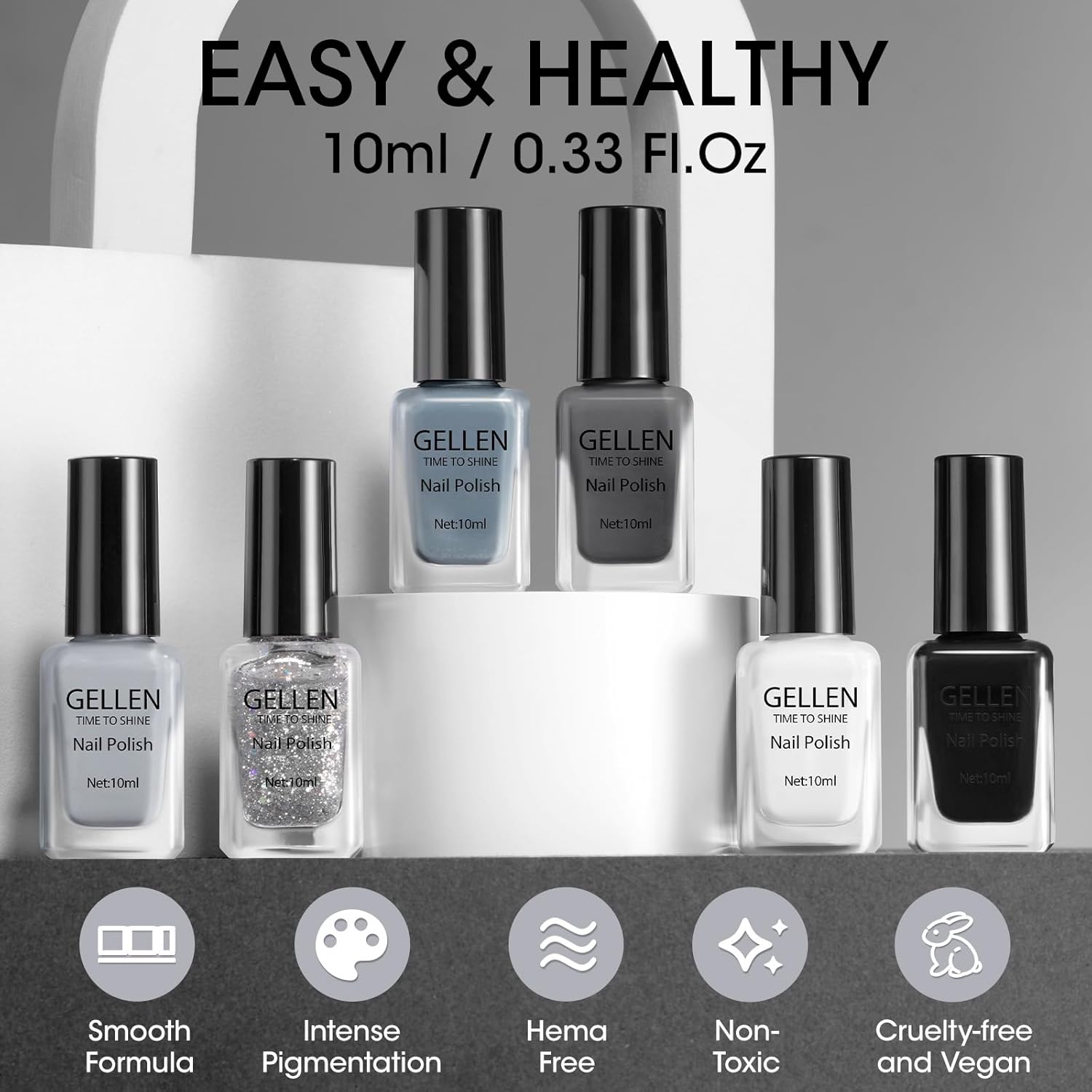 GELLEN Black White Gray Nail Polish Set, Quick Dry Natural Traditional Regular Nail Polish Fall Winter 6 Colors for Fingernails Toe Nails Home Salon, Not UV Gel, Hema Free, Toxin Free