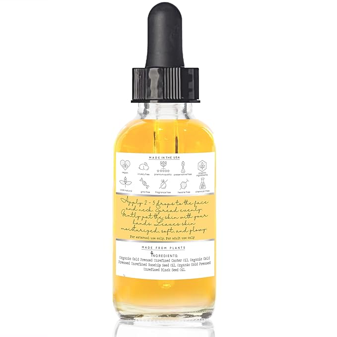 Black Seed, Rosehip & Castor Oil Organic Cold Pressed Fortifying Anti Aging Miracle Facial Moisturizer Face Serum Glow Oil Hydrates Dry Wrinkled Skin Premium Natural Skincare Glass Bottle