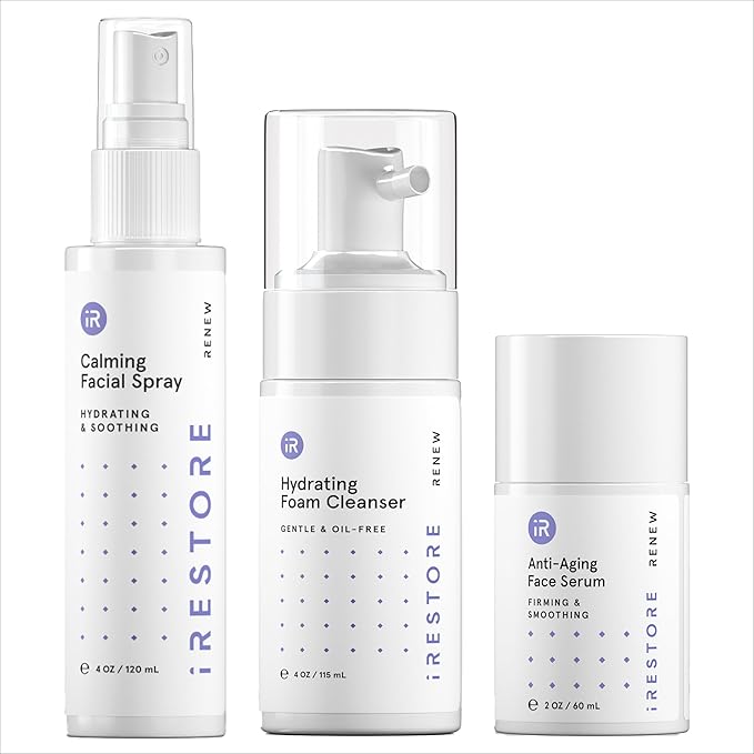 iRESTORE 3-Step Skincare Set Red Light Therapy Essentials Kit, Renew Trio Includes Hydrating Cleanser + Facial Spray + Anti-Aging Face Serum Works Best with iRESTORE Red Light Therapy Mask