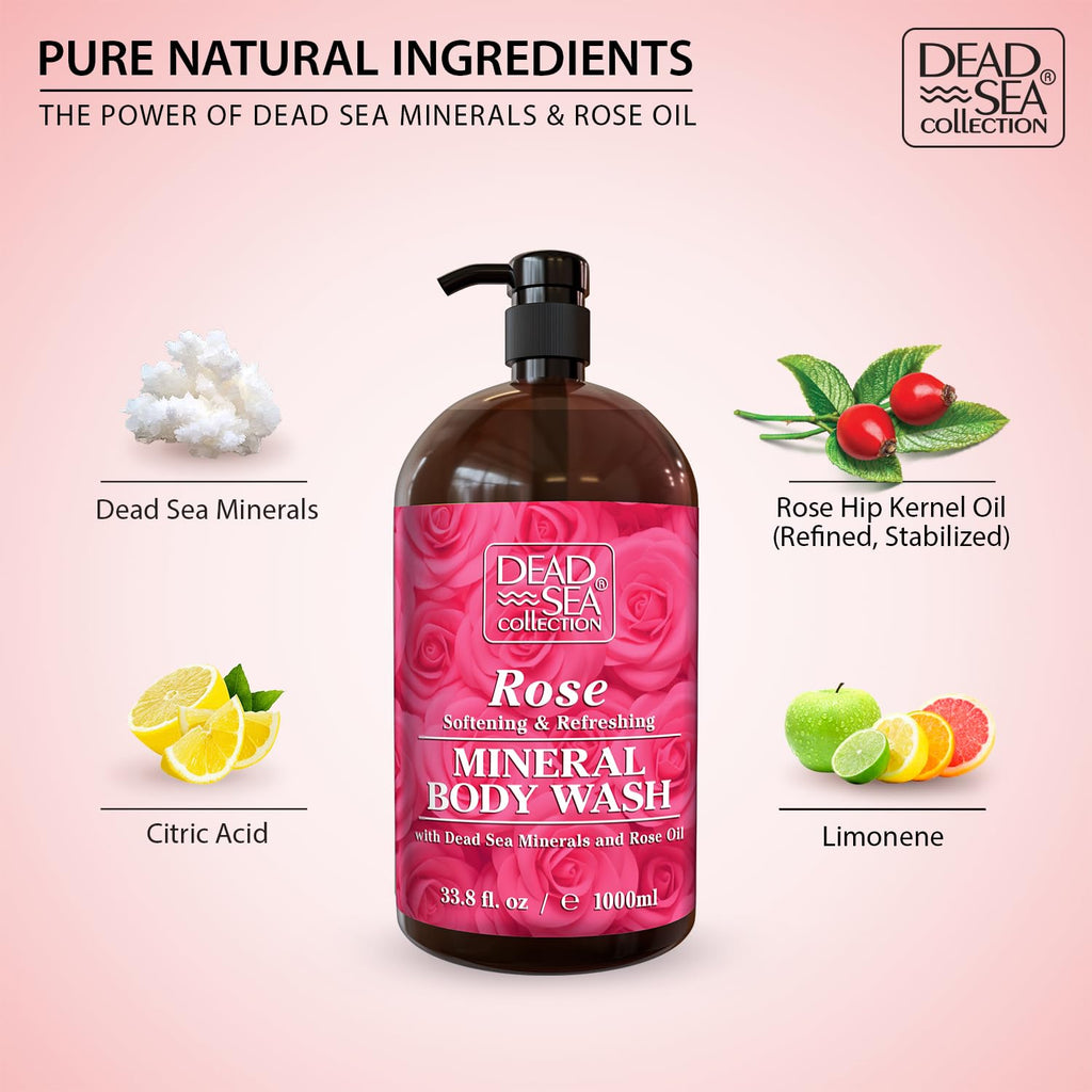 Dead Sea Collection Rose Body Wash for Women and Men - with Pure Dead Sea Minerals and Rose Extract - Cleanses and Moisturizes Skin - Pack of 2 (67.6 fl. oz)