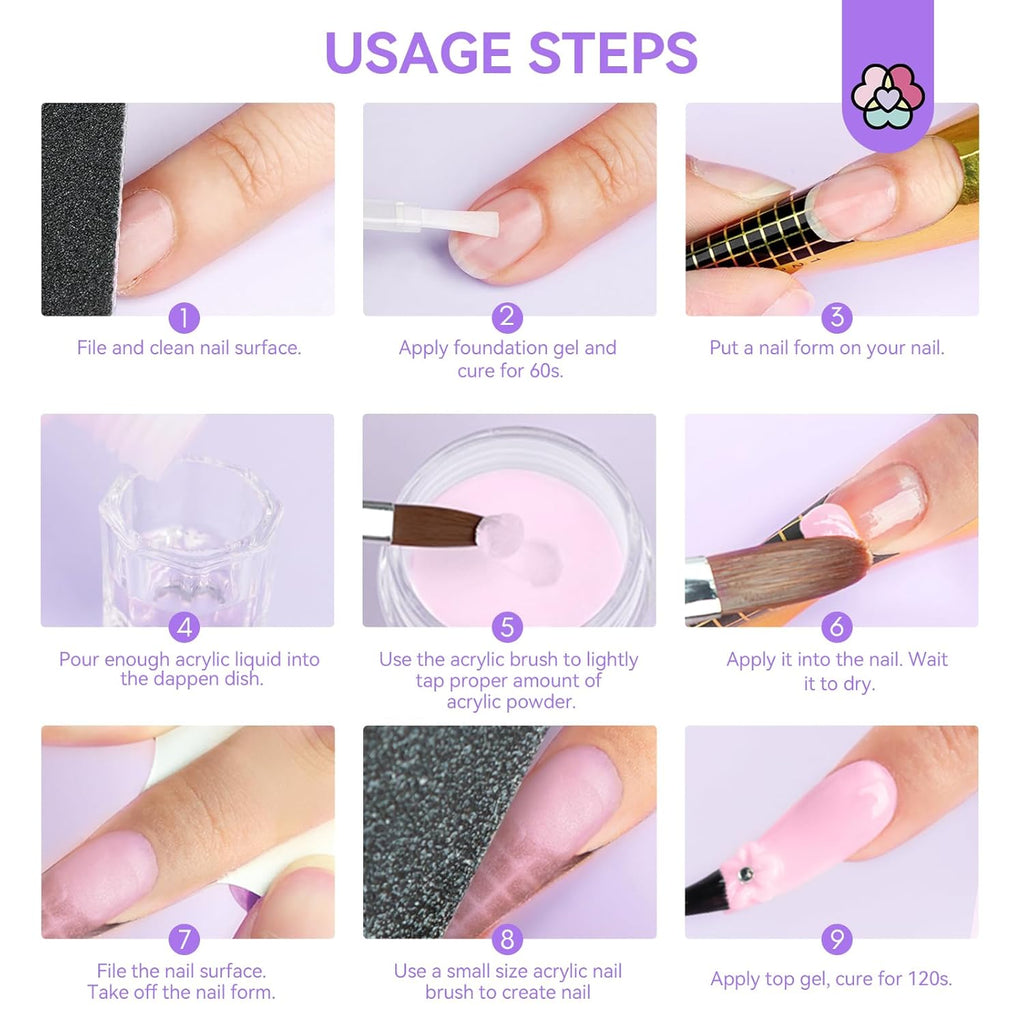 SAVILAND Essentials Acrylic Nail Kit for Beginners: Clear Nudes Pink Acrylic Powder and Liquid Set with #12 Acrylic Nail Brush Cuticle Oil Pen Forms Tools Extension Nail Kit with Everything Home DIY