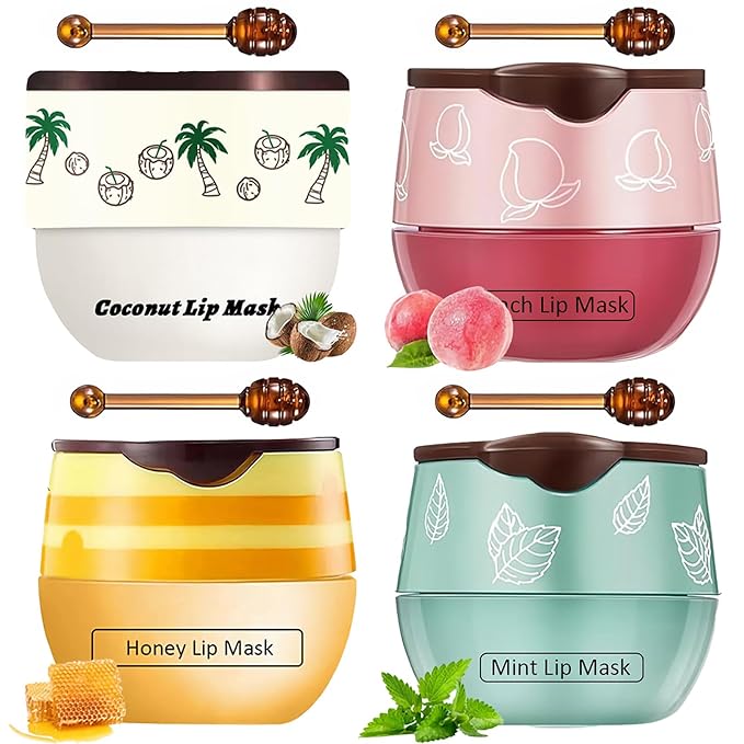4 PCS Bee Lip Balm Lip Mask Honey Pot, Coconut Honey Peach Mint Moisturizing Sleeping Lip Mask Overnight with Sticks, Lip Balm Exfoliating Prevention Dry and Crack Lip Scrubs