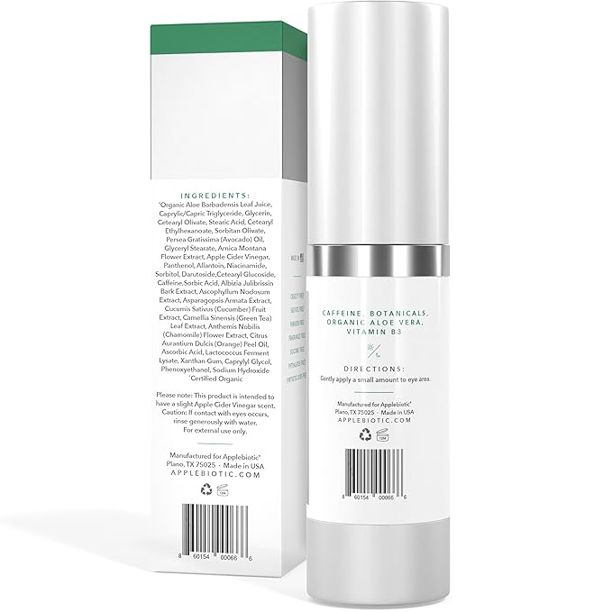 Apple Cider Vinegar Eye Cream with Vitamin B3, Caffeine, Cucumber Extract to Reduce Puffiness, Eye Bags and Dark Circles, Cream For All Skin Types, (0.5 oz) Packaging May Vary
