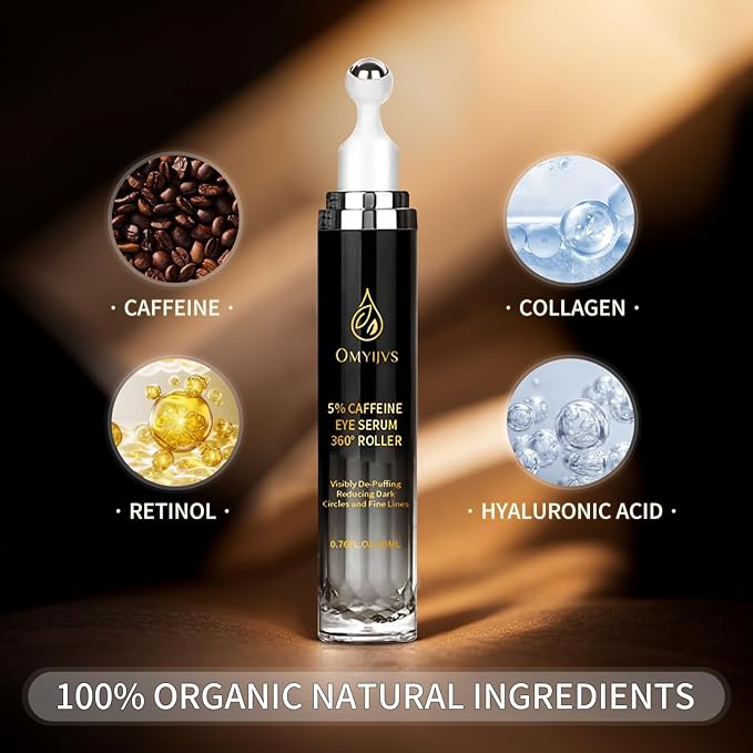 Caffeine Eye Cream, Under Eye Cream for Dark Circles and Puffiness, Eye Serum Anti-aging, Brightens, and Fine Lines, Eye Care Eye Roller Serum with 360° Massage Ball 20ML