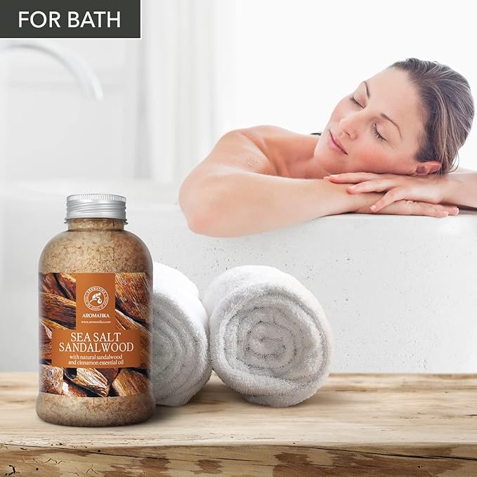 Bath Salts Sandalwood 21.16 Oz - Natural Sandalwood & Cinnamon Essential Oil - Sea Salt - Best for Bath - Good Sleep - Relaxing - Body Care - Beauty