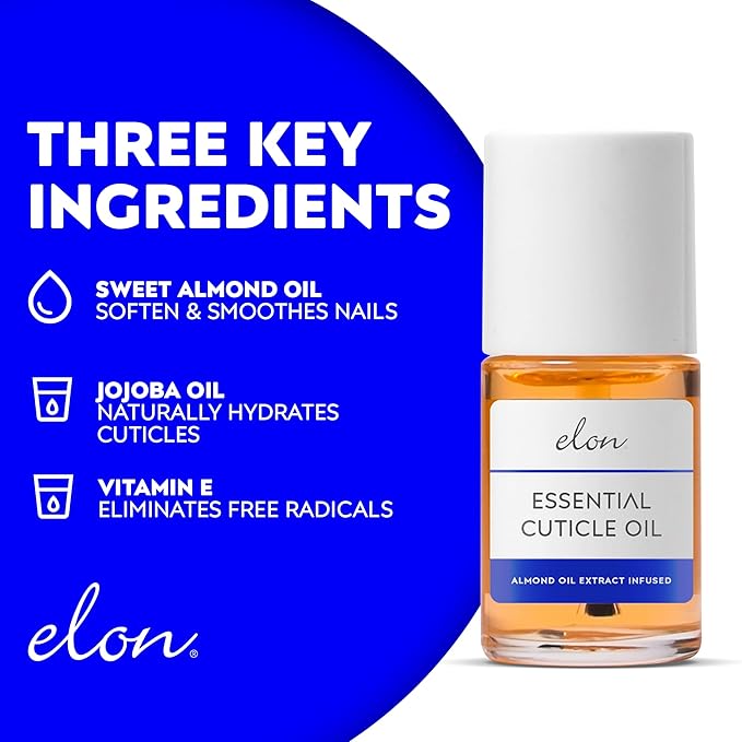 Elon Cuticle Oil for Nails w/Almond Oil Extract - Jojoba & Vitamin E - Softening & Hydrating Cuticles & Nails – Dermatologist Recommended – Bottle Size 0.5 oz