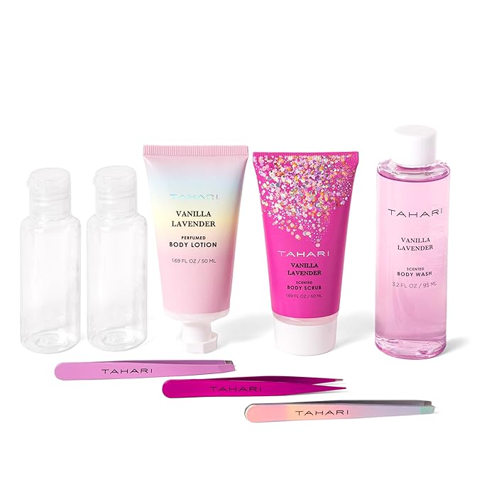 Tahari Vanilla Lavender Spa Gift Set for Women – Luxurious Bath Kit with Body Lotion, Body Scrub, Body Wash & Tweezers with Bag – Perfect Selfcare Gifts for Women (Black)