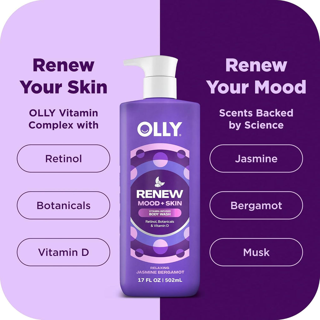 OLLY Renew Body Wash with Vitamin D, Retinol & Botanicals – Nourishing Cleanser for Skin Barrier Repair, Deep Hydration, Jasmine Bergamot Scent, 17oz