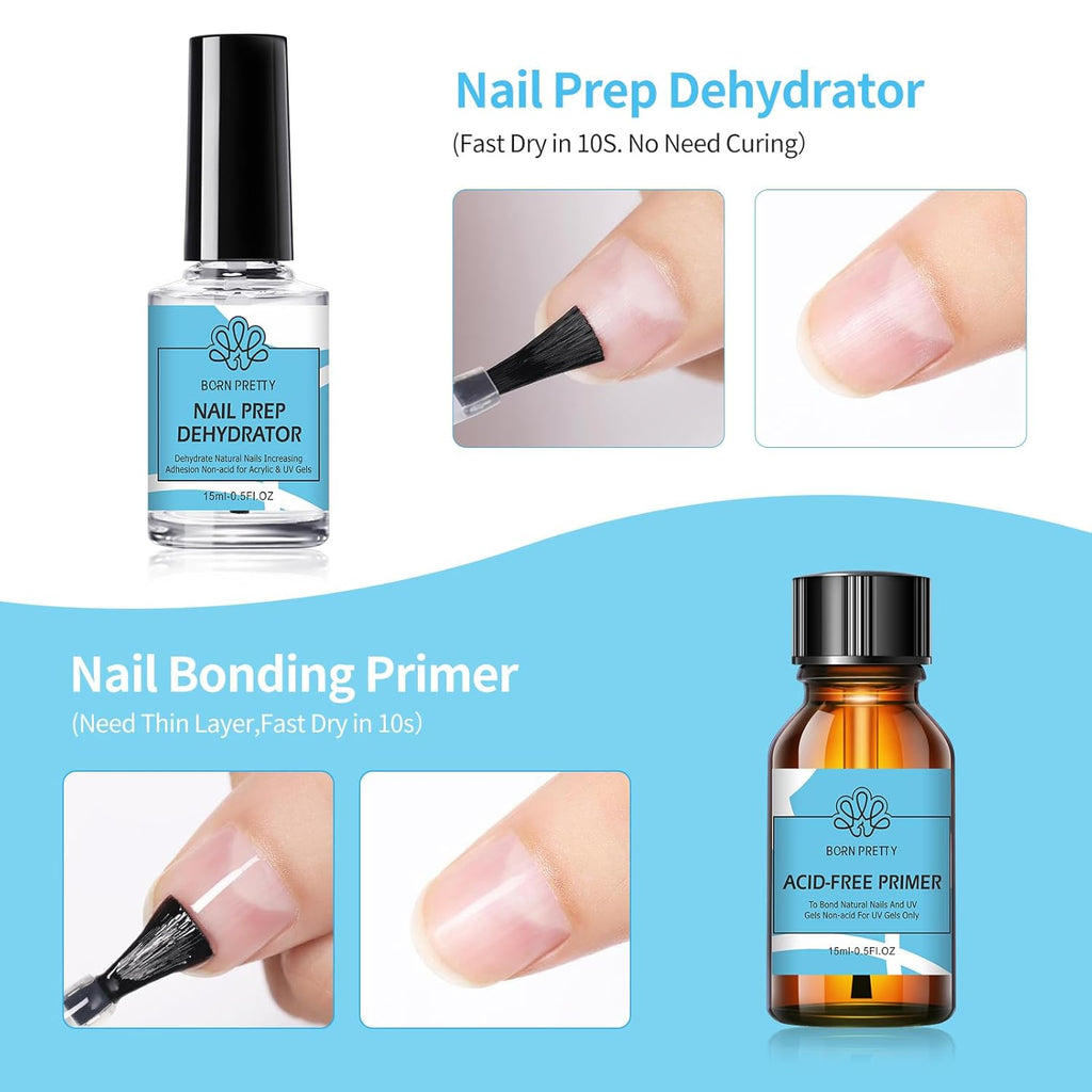 Born Pretty Nail Dehydrator and Primer, Nail Prep Dehydrator Acid Free Nail primer, Cuticle Oil for Nails, Base and Top Gel Coat Nail Supplies Functional Nail Set 5PCS