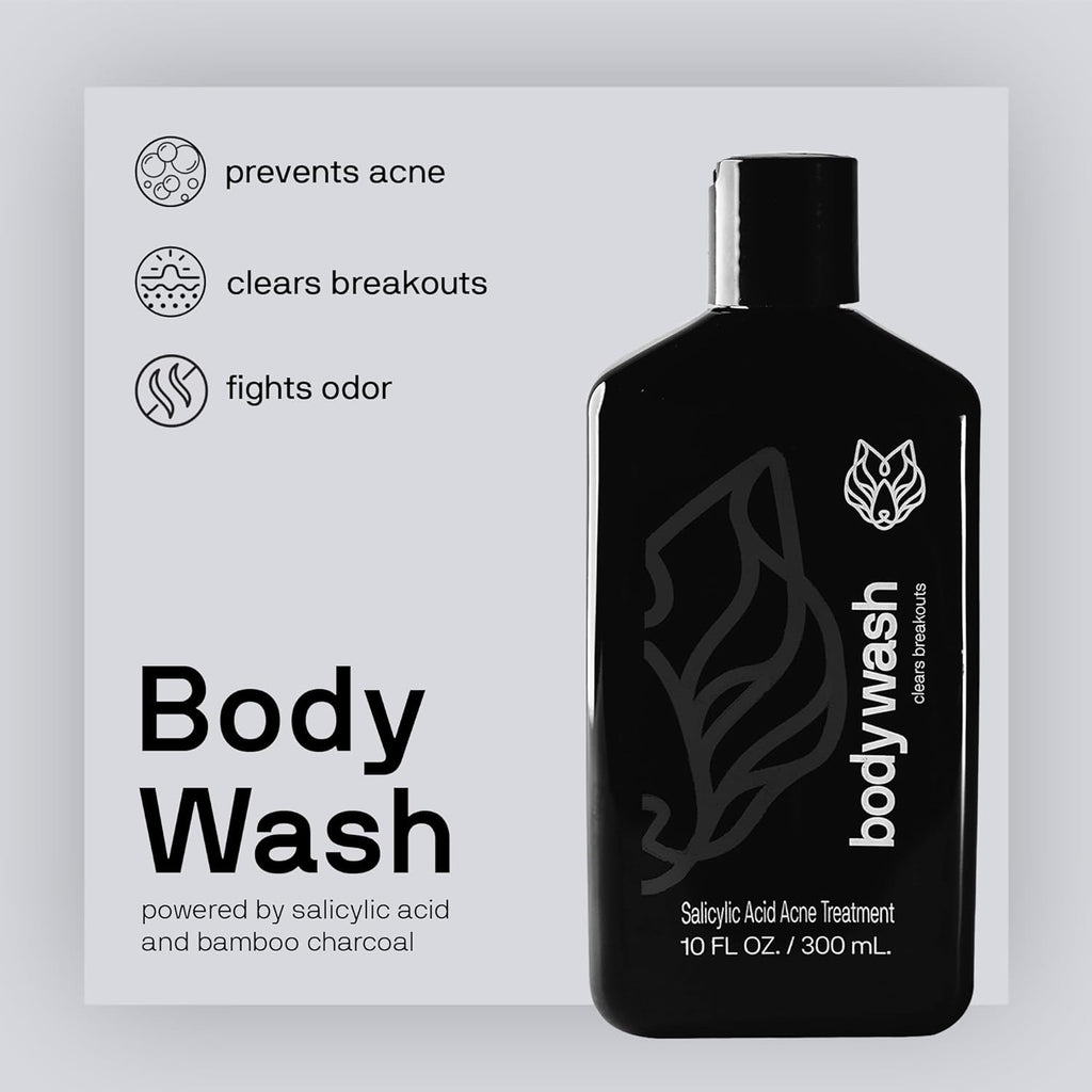 Black Wolf Salicylic Acid Body Wash for Men - 10 Fl Oz Men's Acne Body Wash - Charcoal Helps Reduce Acne Breakouts & Cleanse Your Skin - Full Coverage & Deep Clean Treatment - Men's Bodywash