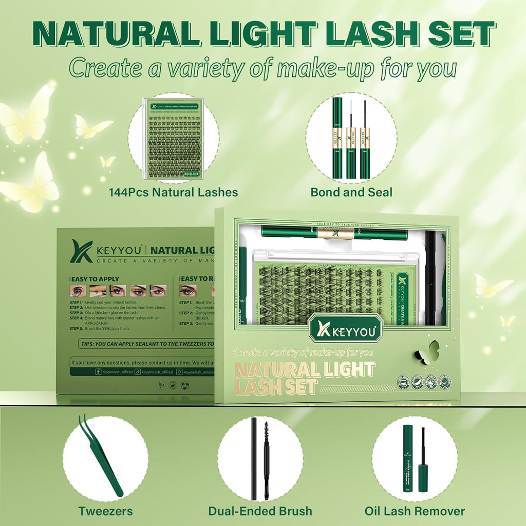 KEYYOU Natural Lash Clusters Kit 144Pcs DIY Lash Extension Kit Wispy Eyelash Extensions Kit D Curl 8-18MIX with Bond and Seal and tweezers with Thin Lash Band(KIT-N01-D-8-18MIX)