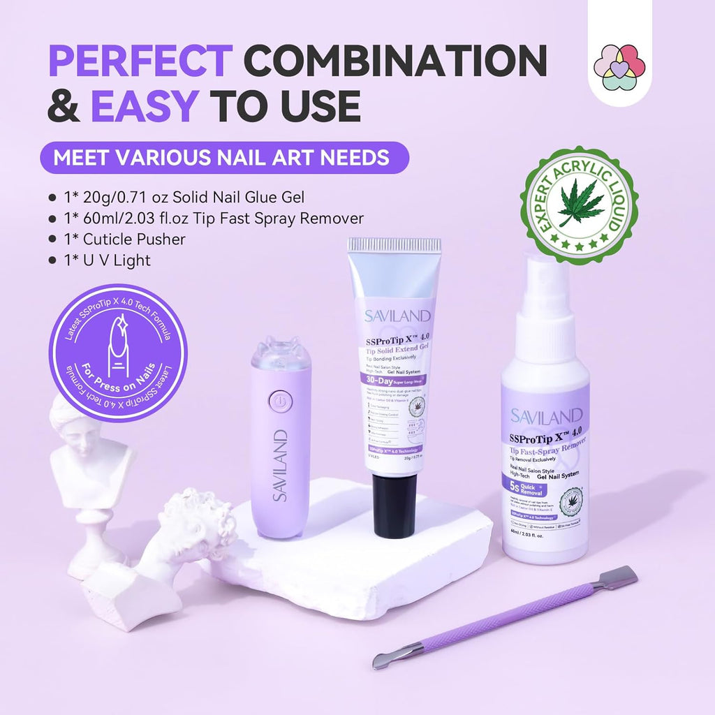 SAVILAND Pro Solid Nail Glue Gel & Remover Kit: 30 Days Long Lasting Gel Glues 20 g Strong Bond Gel Glues for Nails with 60 ml Quick Press On Nails Remover & Mini Nail Lamp for Press Ons
