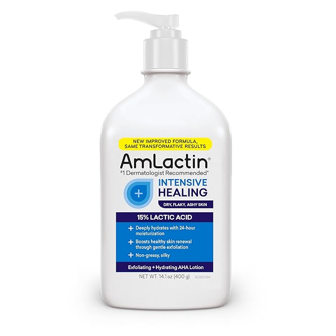 AmLactin Intensive Healing Body Lotion for Dry Skin, 14.1 oz Pump Bottle, 2-in-1 Exfoliator & Moisturizer with Ceramides & 15% Lactic Acid for Relief from Dry Skin (Packaging May Vary)