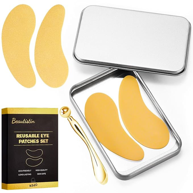2 Pairs Reusable Under Eye Wrinkle Patches Silicone Mask, Plump Fine Lines & Wrinkles, with Metal Eye Cream Applicator, Tin Case, Gold