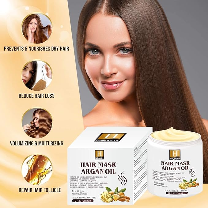 Argan Oil Hair Mask - for damaged hair and growth, moisturizes and repairs dry and damaged hair - Enriched with macadamia, jojoba and almond oil Deep conditioning mask - set All hair types - 12.fl.oz