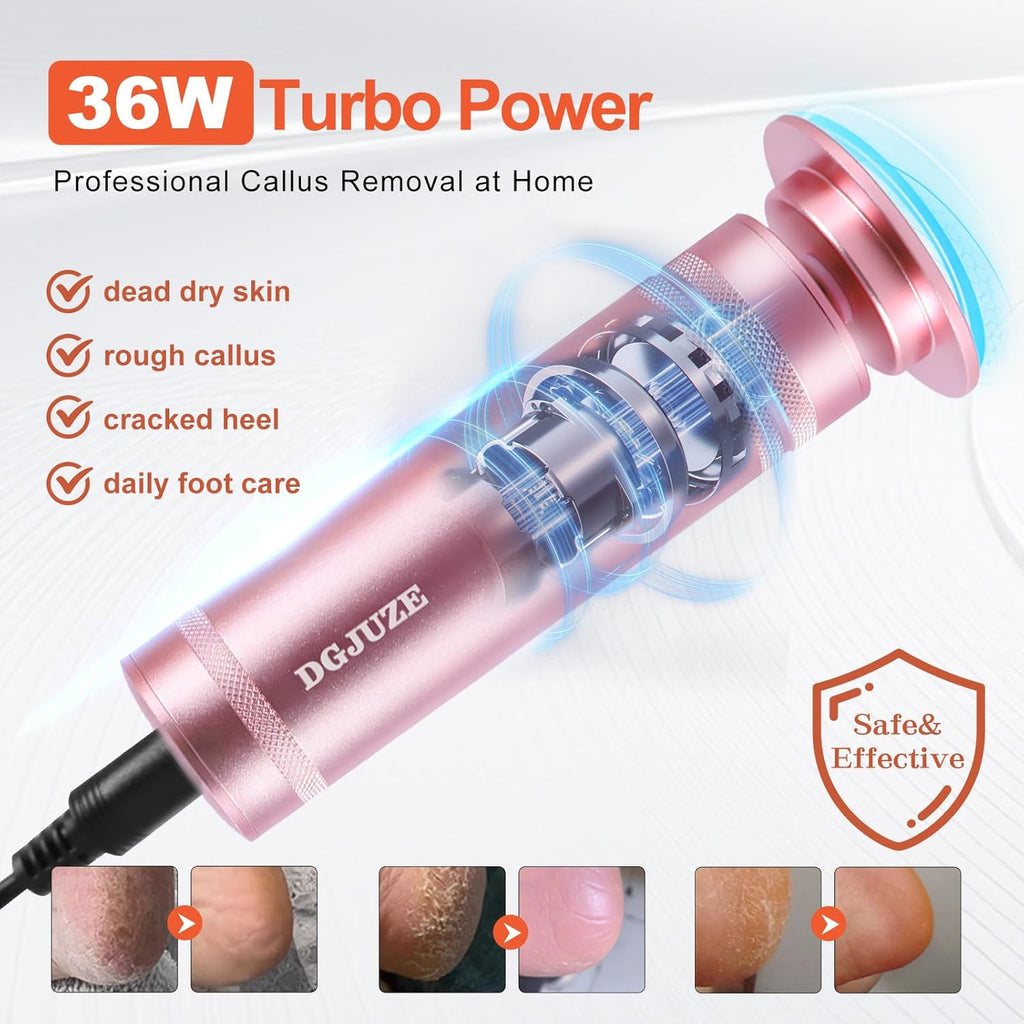 PowerPro Electric Foot Callus Remover 36W Professional 1200rpm Adjustable Speed Metal Feet Grinder Automatic Heel Sander with 60pcs Replacement Sandpaper Discs for Home Use (Pink)
