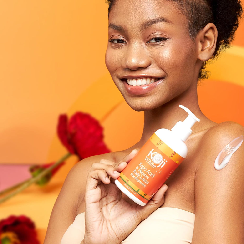 Koji White Kojic Acid & Papaya Body Lotion, Women Gift Sets for Exfoliating, Skin Brightening, Moisturizer, Radiance, Even Tone, Age Spots & Sun Damaged, Vegan, Paraben-Free, 8.45 Fl Oz (2 Bottles)