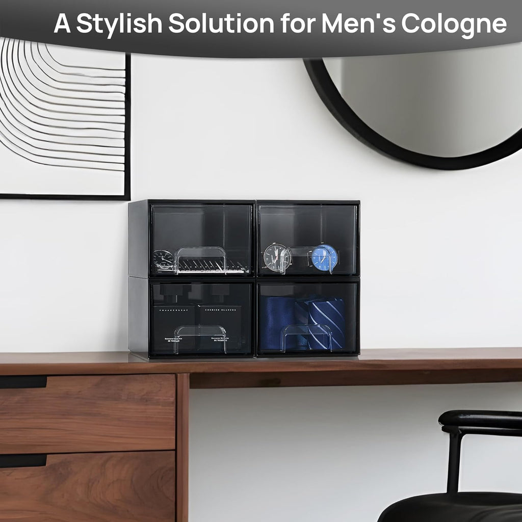 Vtopmart Black Stackable Storage Drawers,4.4‘’ Tall Cologne Organizer for Men,Plastic Containers for Vanity, Dresser,Office Desk,Bathroom Countertop Organization,Ideal for Room Decor,Gifts for Men