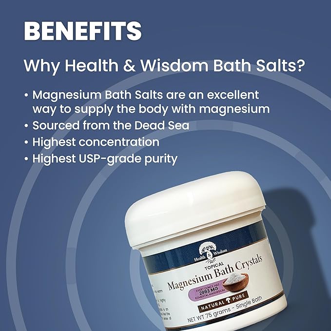 Health and Wisdom Magnesium Bath Salt - Magnesium Chloride Flakes for Bath Soak, 4X Epsom Salt Concentration, Unscented Formula, Dead Sea Sourced, Zero Additives - 2.6 Ounce