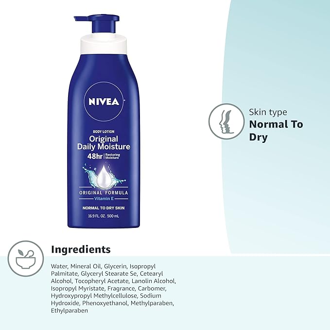 NIVEA Original Moisture Body Lotion with Vitamin E, Body Lotion for Dry Skin, 16.9 Fl Oz Pump Bottle
