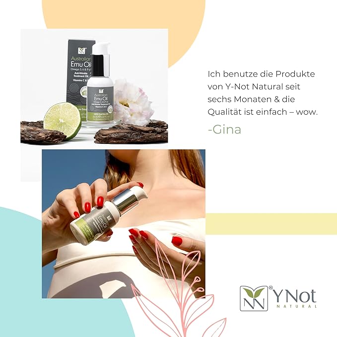 Australian Emu Oil with Vitamin E & C - 50mL Skin Brightener Serum for Face & Body to Reduce Visible Signs of Aging, Spots & Sun Damage - Antioxidant w/Omega 3 6 9 & Essential Oils by Y-Not Natural