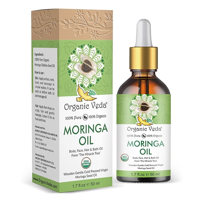 Organic Veda Moringa Oil - Pure Cold Pressed Organic Moringa Seed Oil - Natural Face Oil for Women, Moisturizing Hair Oil - Virgin Moringa Oleifera Oil for Skin, Body, Scalp Care & Nails - 1.7 fl.oz.