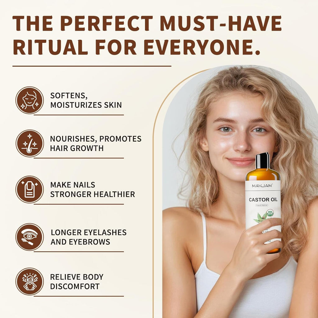 Organic Castor Oil 16 oz, 100% Pure Cold Pressed Castor Oils for Hair Growth, Eyebrows, Eyelash, USDA Certified Castor Carrier Oil for Body, Skin & Face Moisturizer, Hexane-Free