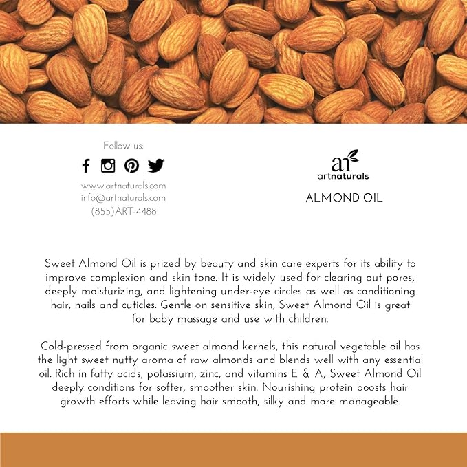 artnaturals Premium Sweet Almond Oil - (16 Fl Oz / 473ml) - 100% Natural & Pure – Therapeutic Grade Unrefined Carrier and Massage Oil – for Hair, Body and Skin or Diluting Aromatherapy Essential Oils