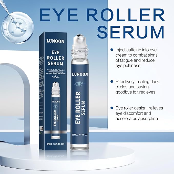 Caffeine Eye Serum for Dark Circles, 3 PCS Under Eye Ice Roller Serum for Anti Aging, Puffiness, Fine Lines, Wrinkles, Care Under Bags Eyes Cream with 360°Massage Roller-Ball