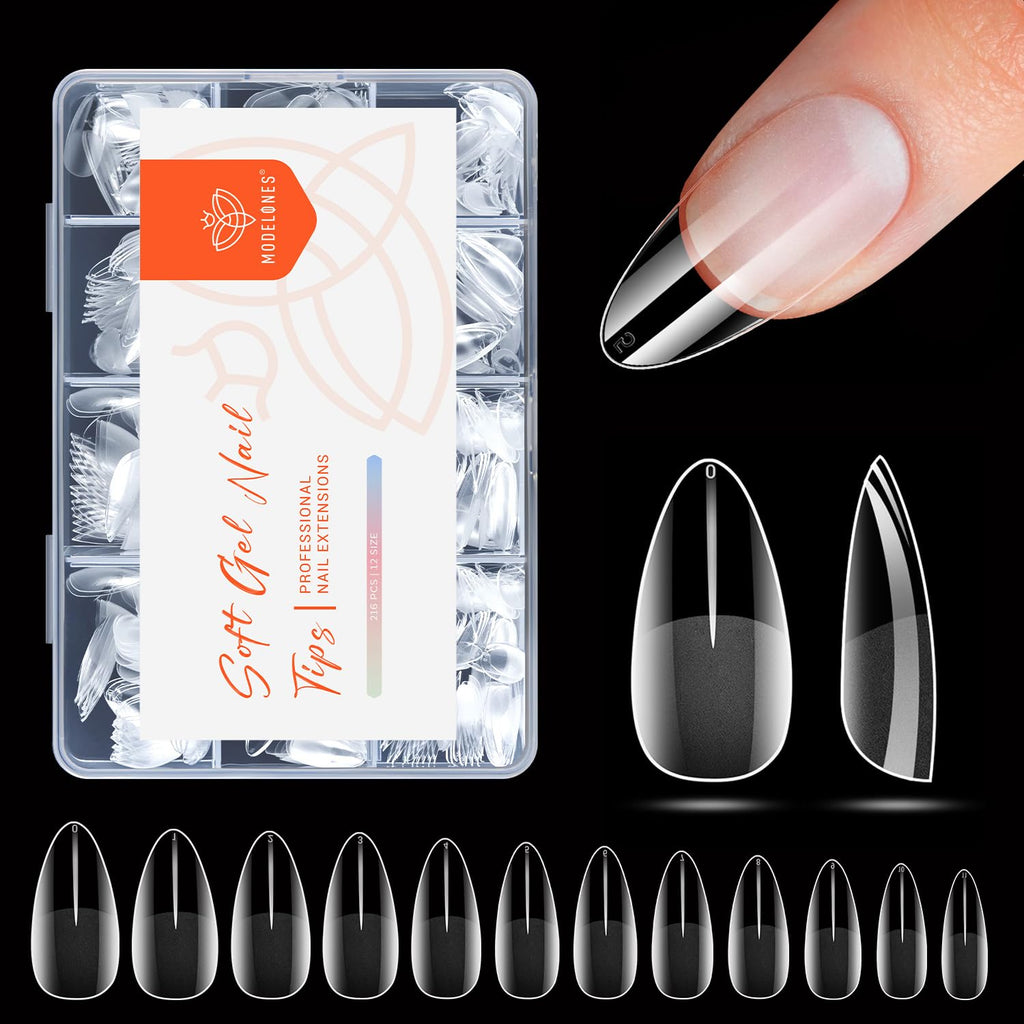 modelones Medium Almond Nail Tips, Pre-shaped Soft Gel Tips Fake Nails False Acrylic Clear Full Cover Press on Extension Kit Gel Manicure DIY at Home 216PCS 12Sizes
