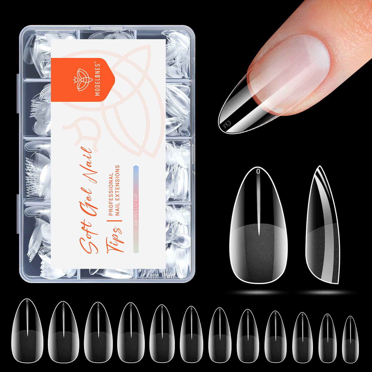modelones Medium Almond Nail Tips, Pre-shaped Soft Gel Tips Fake Nails False Acrylic Clear Full Cover Press on Extension Kit Gel Manicure DIY at Home 216PCS 12Sizes