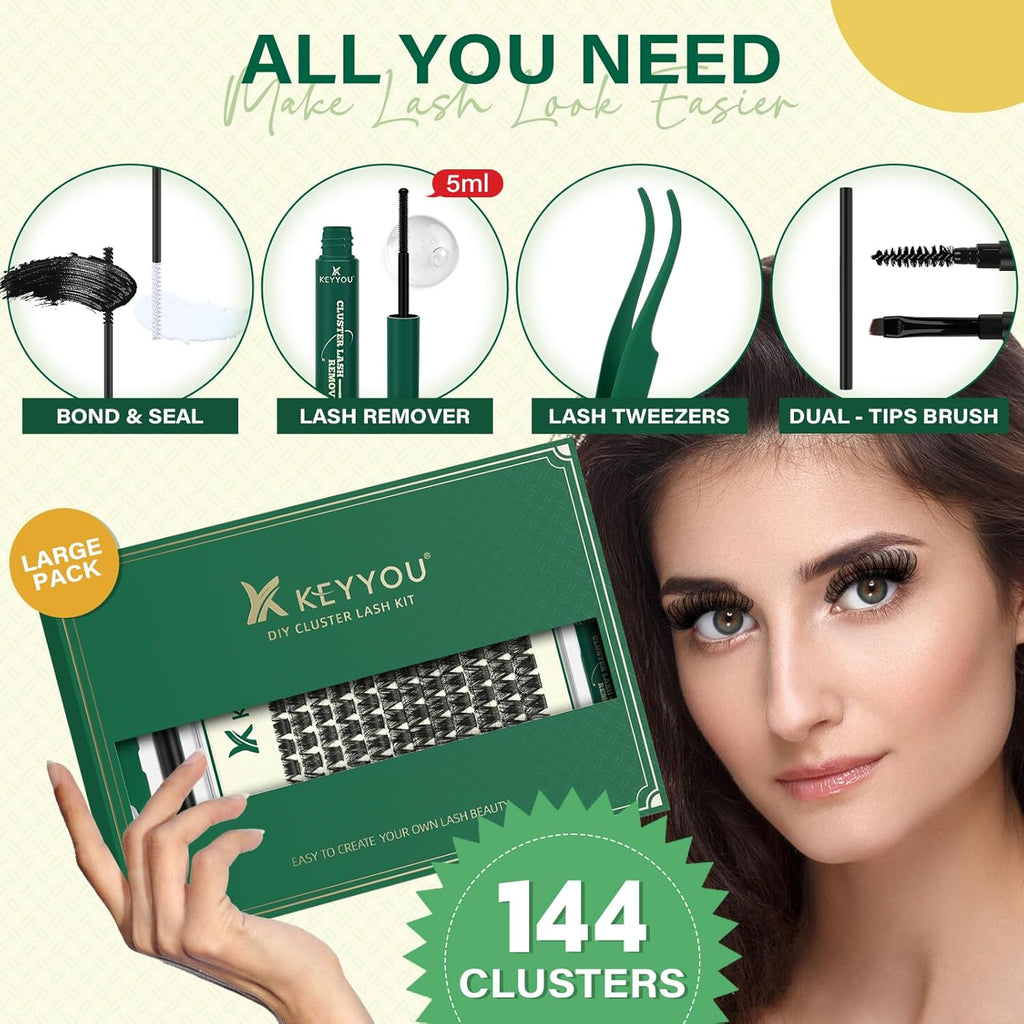 KEYYOU Lash Clusters Kit 144pcs Thick Volume D Curl Lash Clusters Lash Extension Kit with Mascara Brush Bond and Seal Lash Glue Remover Lash Applicators Lash Brush for DIY Lash Extensions (Y02 Kit)