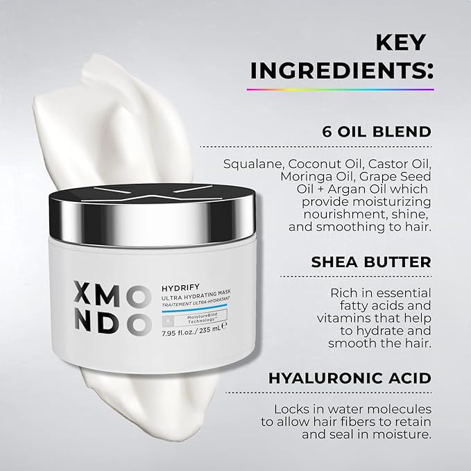 XMONDO Hydrify Ultra Hydrating Mask - Deep Conditioning Treatment for Dry, Damaged Hair, Intense Moisture with Hyaluronic Acid, Shea Butter, and Our Signature 6 Oil Blend 7.95 fl. oz.,