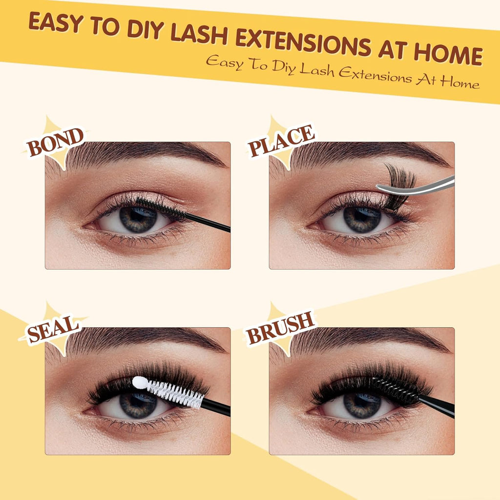 QUEWEL DIY Lash Extension Kit, 300pcs Cluster Lashes Mixed 10-20mm Lash Clusters Kit with Lash Bond and Seal Waterproof, Lash Applicator and Brush, DIY Lash Extensions at Home(100D RR-KIT)
