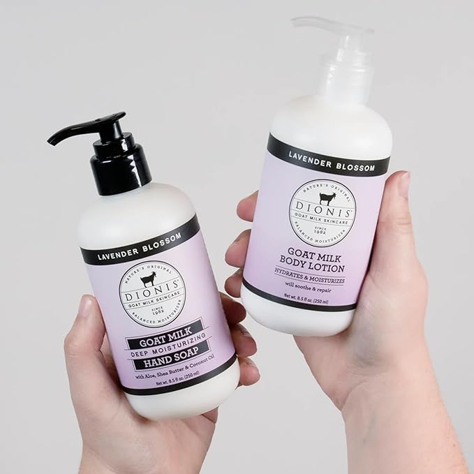 Dionis Goat Milk Skincare Lavender Blossom Body Lotion & Hand Soap Gift Bundle - Lavender Scented Cream & Concentrated Liquid Soap Gently Clean, Moisturize & Nourish Dry Hands, 8.5 oz Pump Bottles