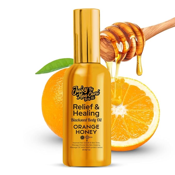 Body Oil Spray - Natural Black Seed, Olive & Vitamin E for Scar Repair, Eczema, Psoriasis, Rosacea, Moisturizing & Hair Growth (1 oz., Orange Honey)