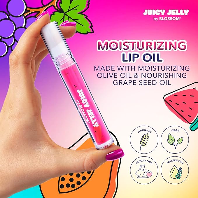 Blossom Juicy Jelly Moisturizing Lip Care Fruit Flavored Nourishing Lip Oil + pH Technology Color Changing Shimmering Lip Balm, 2 Pack Bundle, Strawberry/Electric Pink