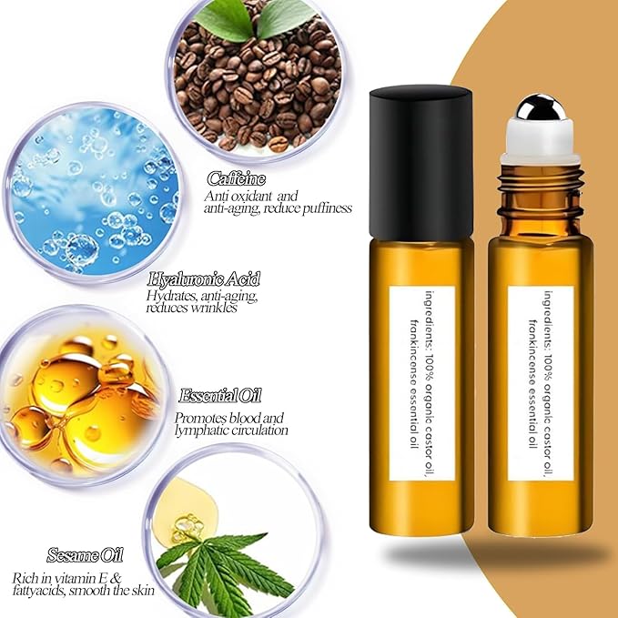 2 PCS Eye Essence Oil Roller Ball Applicator,Castor Frankincense Rollerball, Frankincense and Castor Oil Roller for Eyes, Bags Under Eyes