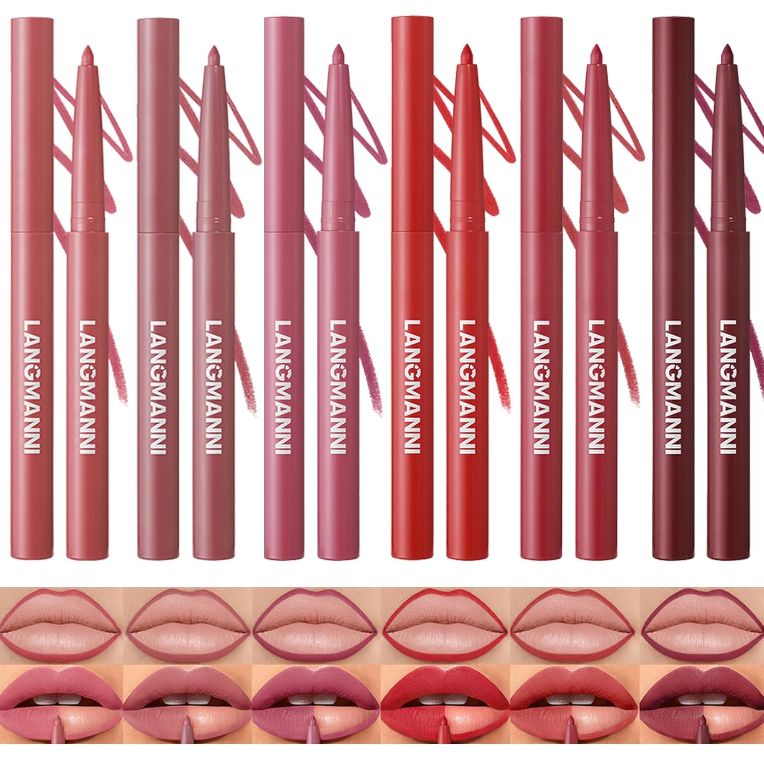 LANGMANNI 6Pcs Sculpting Matte Velvet Lip Liner Set,Smooth Creamy Texture,Waterproof And High Pigmented For Girls Daily Application Lip Makeup(7+8+9+10+11+12)