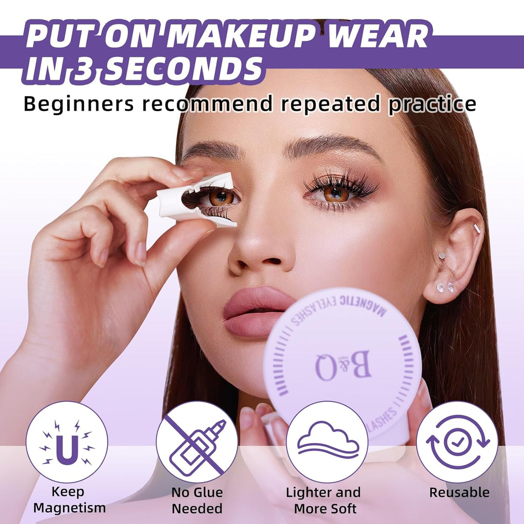 B&Qaugen Magnetic Eyelashes with Applicator Reusable Glue-Free Natural Look Eyelashes Kit Easy to Wear and Remove (2Pairs)