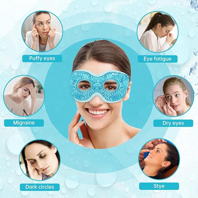 2 PCS Ice Eye Mask Reusable Ice Pack Hot/Cold Compress Gel Bead Cooling Mask for Puffiness/Dark Circles/Headaches/Migraines/Stress Relief (Blue)