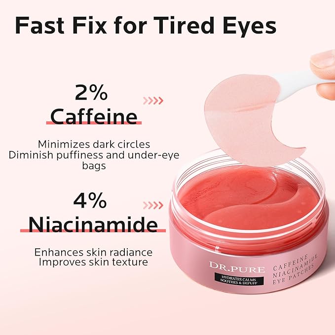 Dr. Pure Under Eye Patches for Puffiness: Dark Circles and Puffy Eyes Treatment Caffeine Eye Mask with Niacinamide Hyaluronic Acid - Smooth Wrinkles Reduce Eye Bags Undereye Gel Pad (30 Pairs)