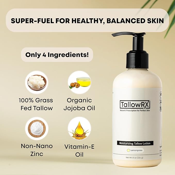 Tallow Body Lotion – 100% Grass-Fed Beef Tallow for Skin – Pure & Organic Moisturizer with Jojoba Oil & Vitamin E – Deep Hydration & Nourishment for Dry Skin (8 oz, Lemongrass)