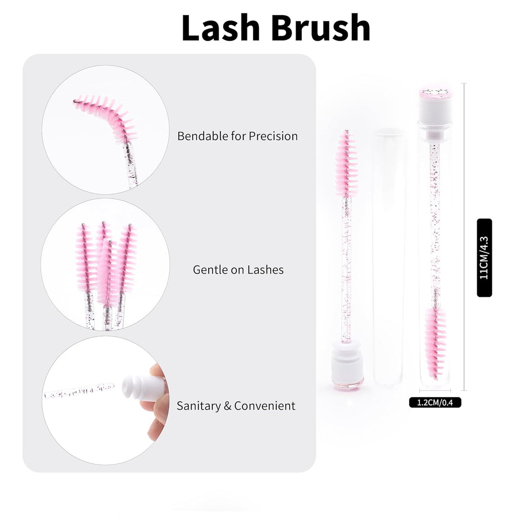i-Laesh 20Pcs Diamond Foil Gold Pink Disposable Mascara Wands with Tube - Spoolies for Eyelash Extensions, Cleaning & Brow Makeup - Applicator Set
