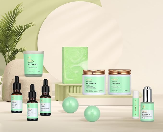 Facial Skin Care Set & Spa Kit - Gift for Women Ideas, Self-care Relaxation Gifts, Skin Care Collection with Essential Oils, Hyaluronic Acid, Vitamin E. (Tea Tree)