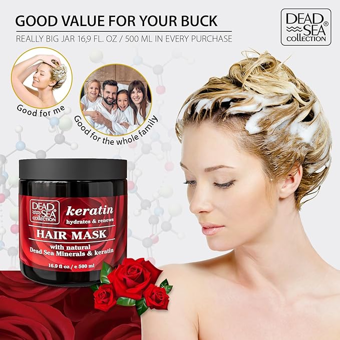 Dead Sea Collection Keratin Hair Mask - Repair, Strengthening and Hydrating Treatment for Damaged Hair - with Nourishing Dead Sea Minerals and Keratin - 16,9 Fl. Oz